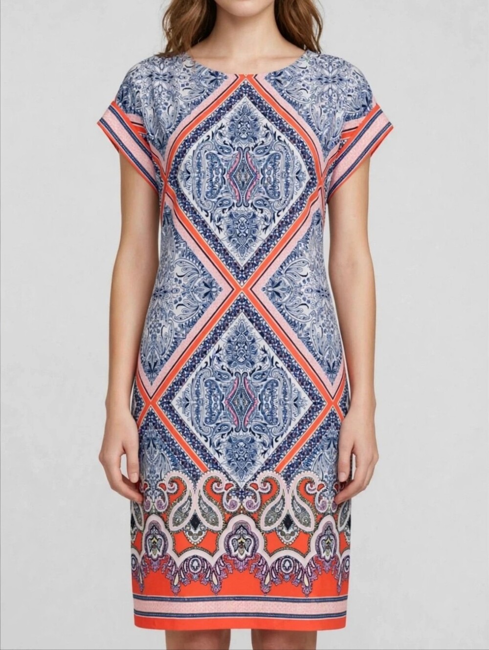 Studio One Coral and Navy Paisley Sleeveless Dress, size 12